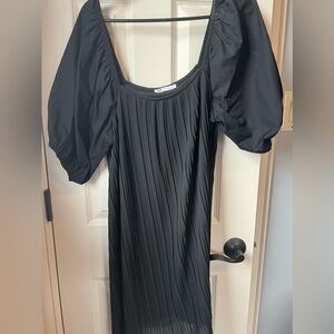 Zara pleated black dress with puff sleeves